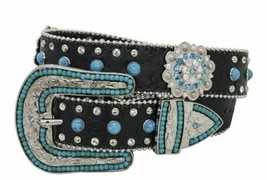 Western Style Blue Bling! Rhinestones Ladies Leather Belt w /Removable Buckle - £20.71 GBP