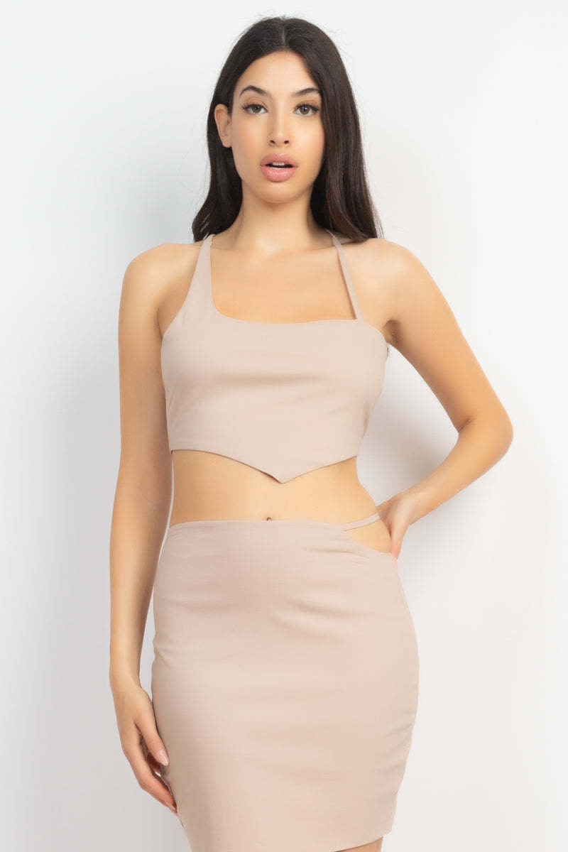Light Taupe Asymmetrical Cross Back Top &amp; Skirts Set_ - $12.00