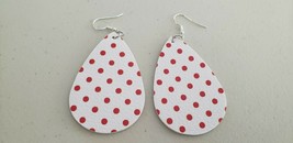 Faux Leather Dangle Earrings (New) White W/ Small Red Dots #114 - £4.06 GBP