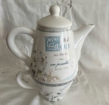 Vtg Faithful Journey Tea Pot w Cup Matthew 19:26 With God All Things Pos... - $16.82