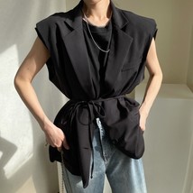 Ewq korean chic vintage suit collar two button solid black casual loose thin vest coat thumb200