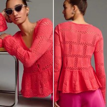 ANTHROPOLOGIE Pilcro Pointelle Button Up Babydoll Sweater Coral Size Small - $37.74