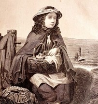 Girl At Docks Waits For Father Steel Engraving 1859 Victorian Nautical Art DWY5D - £55.46 GBP