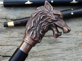 Handmade Walking Stick Wolf Head Antique Brass Handle Wooden Cane Vintage - £27.37 GBP