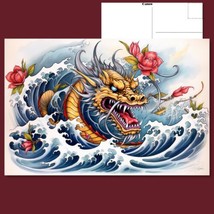  Majestic Tattoo Art: Dragon Riding the Crest of a Wave with Its Long Tail - £4.66 GBP