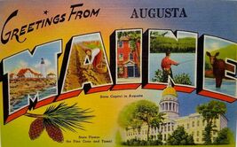 Greetings From Augusta Maine Large Big Letter Postcard Linen Lighthouse ... - $5.66