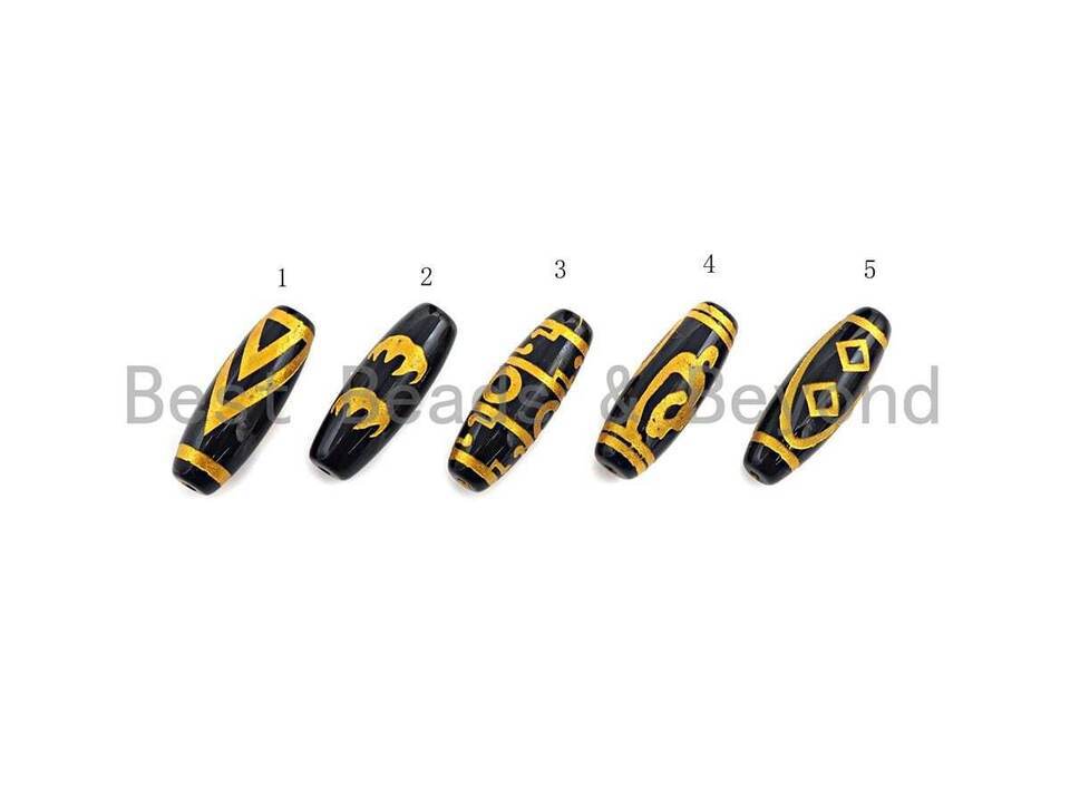 Natural Tibetan Agate Long Oval Shape Beads, Black Gold Dzi beads, Barrel Agate