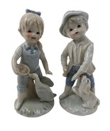 Porcelain Country Boy With Dog And Girl With Duck Figurines Glazed Farmh... - $14.85