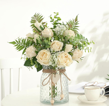 Mothers Day Gifts for Mom Wife, Artificial Flowers with Vase, Silk Roses Fake Fl - £29.75 GBP