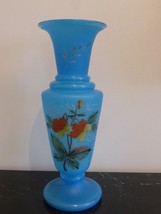 French Blue Opaline Glass Hand Painted Vase 12.5&quot; High - £97.34 GBP