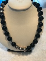 Vintage black bead glass 34 inch necklace silver womens accessory dressy - £25.22 GBP