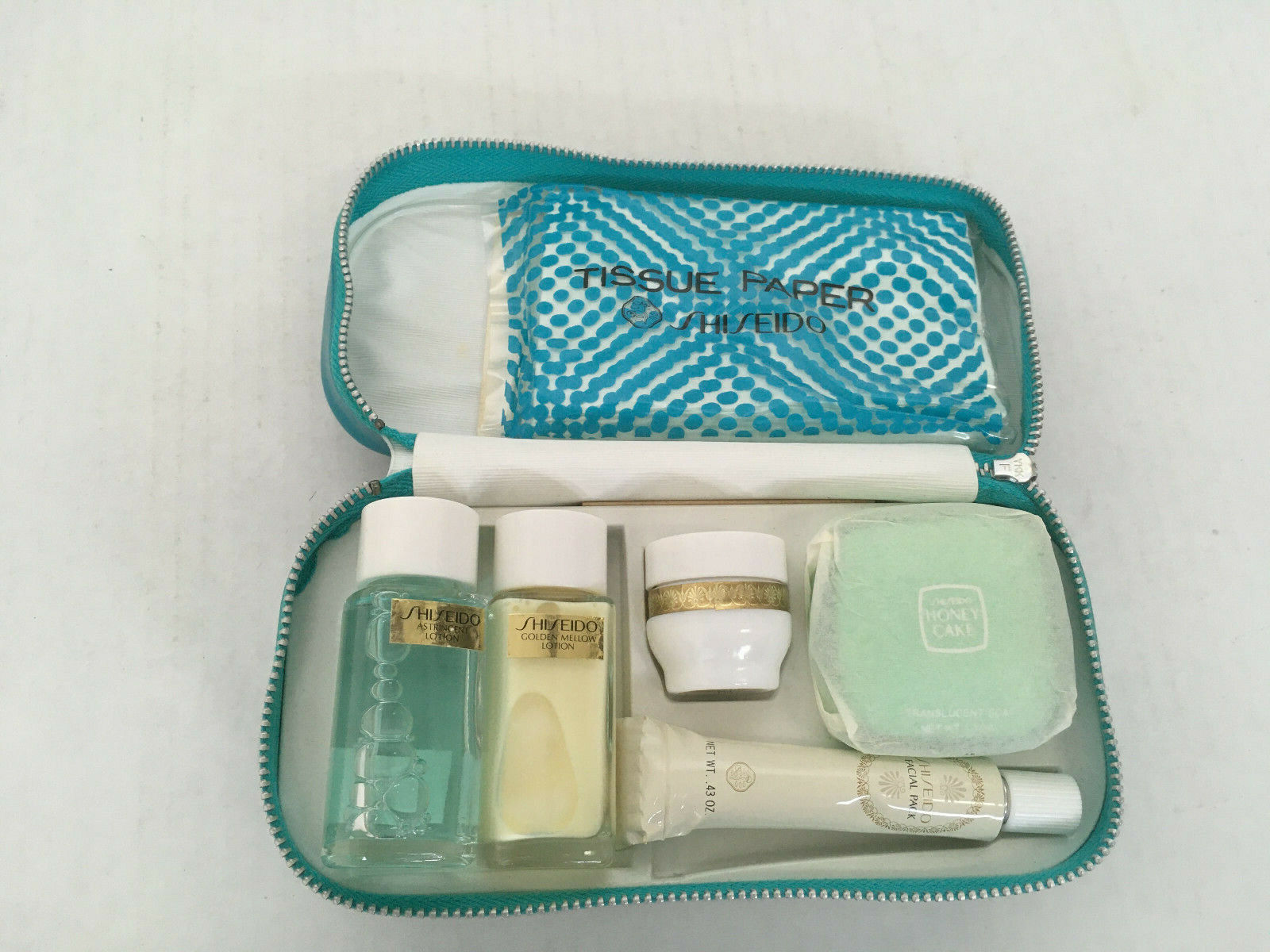 Primary image for Vintage shiseido face care products set kit in blue container with metal zipper