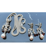 925 STERLING SILVER  14k Yellow Gold GARNET AND PEARL NECKLACE AND EARRI... - €127,50 EUR