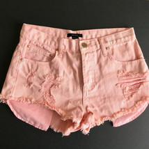 Forever 21 Women’s Distressed Mini Shorts Size 28 Raw Hem Light Pink Orange - £10.97 GBP