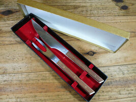 Vintage Japan Stainless Steel Wood Handles Full Tang Carving Set w/box - $9.00
