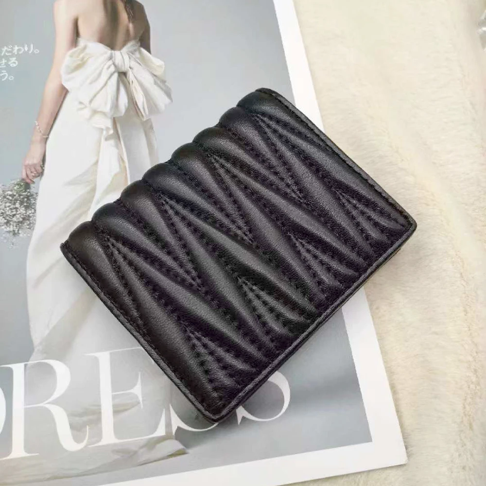 Sheepskin Pleated Thread Short Women Wallet  Leather Ladies Card Holder Purse Po - $66.98