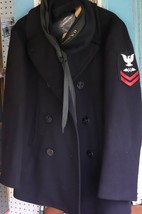 Vintage U S Navy world war II 3 piece set pee coat flat hat and tie - £134.08 GBP