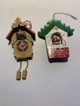 Vintage Wood Christmas Ornaments Set of 2 Cuckoo Clock Angel in House - £8.00 GBP