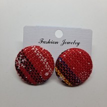 Plaid Earrings Round Circle Cloth Covered Red Yellow Christmas Holiday O... - £5.45 GBP