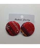 Plaid Earrings Round Circle Cloth Covered Red Yellow Christmas Holiday O... - £5.53 GBP