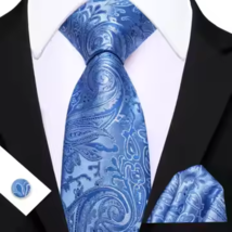 Royal Blue Paisley Necktie, Hanky, and Cufflinks - $18.99