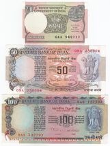 India Set Di 3 (1+50+100 Rupie), Vecchia Emissione, Anno Casuale, UNC - $12.94