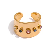 Rainbow Cubic Zirconia Opening Ring Stainless Steel Golden Geometric Finger Char - £10.14 GBP