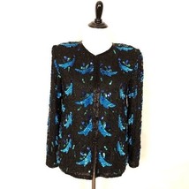Denise Elle Formal Blazer Jacket Beaded Sequin Black Blue Silk Women Size S - £23.73 GBP