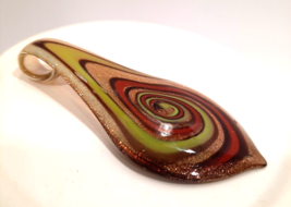 Art Glass Pendant Gold Red Green Swirl Glass Dichroic Copper 2.5&quot; Glass ... - £10.88 GBP
