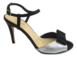 Kate Spade Ivy Black Silver Glitter Strappy Heels Back Bow Sz 7.5 Pump Open Toe - $27.72