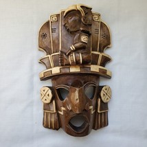 VINTAGE HAND CARVED WOOD Mask MEXICAN MAYAN AZTEC  GOD FOLK ART Decore - £46.91 GBP