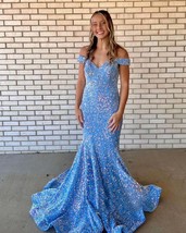 Light Blue Sequin Prom Dresses Mermaid Off the Shoulder Evening Dress - £143.08 GBP