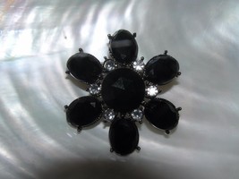 Estate Black &amp; Clear Faceted Plastic Cab Flower Pin Brooch – oxidized silvertone - £6.90 GBP