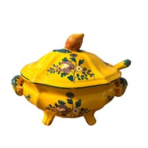 Vintage Italian Pottery Covered Soup Tureen and Ladle Yellow floral - £30.95 GBP