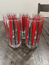 8 Vintage Anchor Hocking 12 Oz 6&quot; Red &amp; Black Vertical Stripes Glass Tum... - $69.29