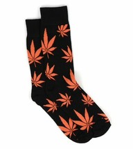 Parquet Men&#39;s Crew Novelty Socks Marijuana Leaf Shoe Size 6-12.5 Black W Orange - £9.16 GBP