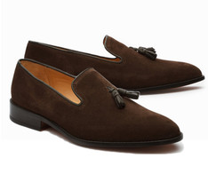 Plain Rounded Toe Brown Suede Leather Black Tassel Loafer Slip On Stylish Shoes - $149.99+