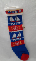 Fun Vintage Knit Christmas Stocking ~ Sailboat Nautical ~ Red Blue White Yellow - £13.23 GBP