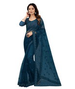 Designer Teal Blue Heavy Resham Zari Badla Embroidery Sari Net Party Wea... - £61.30 GBP