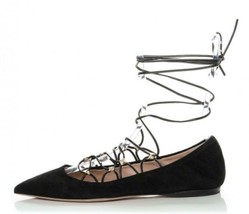 Valentino Rockstud Lace-Up Ballerina Ballet Flats Black Pointy Toe Shoe 38.5 8 - £356.04 GBP