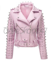 New Women Star Baby Pink Full Spiked Studded Brando Style Belted leather jacket - £142.36 GBP