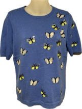 Talbots Blue Short Sleeve Cotton Knit Sweater Top with Sequin Butterflies-Size S - £38.53 GBP