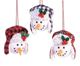 Lumberjack Snowman Ornaments Set of 3 Soft Body Plaid Ear Flap Hat 4.3&quot; High - $24.74