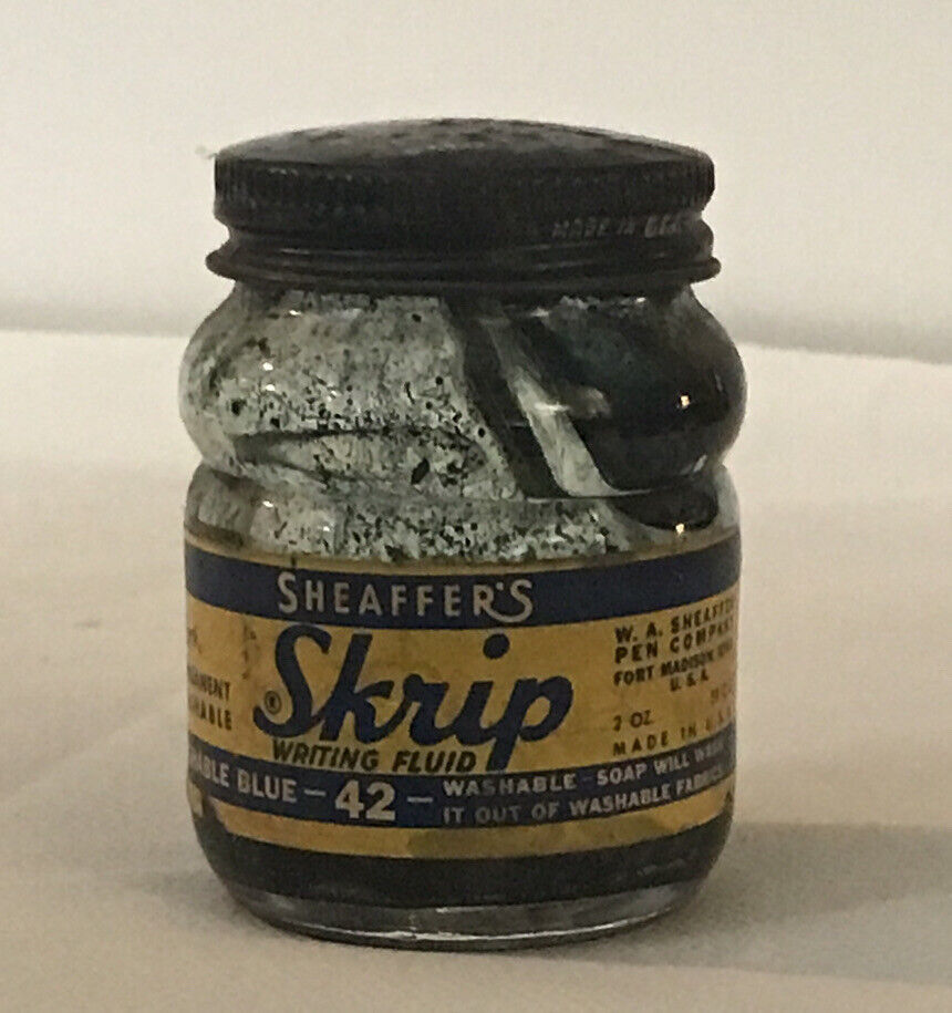 Primary image for Vintage Sheaffer Skrip Writing Fluid Ink Permanent Empty Bottle, Blue & Yellow
