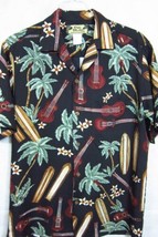 VINTAGE Two Palms Surfboards, Ukeleles, Palms Rayon Hawaiian Shirt S - £42.35 GBP