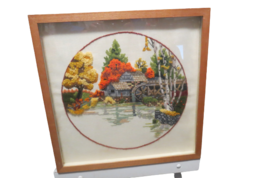 Vintage Mid Century Folk Art Needlepoint Country Home Framed 17.5&quot; x 17.5   - £66.89 GBP