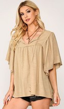 New GIGIO by UMGEE Size S M Pale Beige Bell Sleeve  Swing Tunic Top Tassel Trim - £19.14 GBP