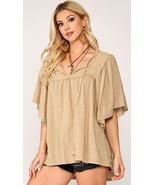 New GIGIO by UMGEE Size S M Pale Beige Bell Sleeve  Swing Tunic Top Tass... - £19.19 GBP