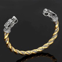 Viking Geri Freki Bracelet Gold PVD Plated Stainless Steel Norse Odins Wolf Cuff - £23.44 GBP