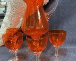 Vintage Mid Century Modern Blown Art GLASS Orange Pitcher w/ 4 Wine Stem... - $53.46